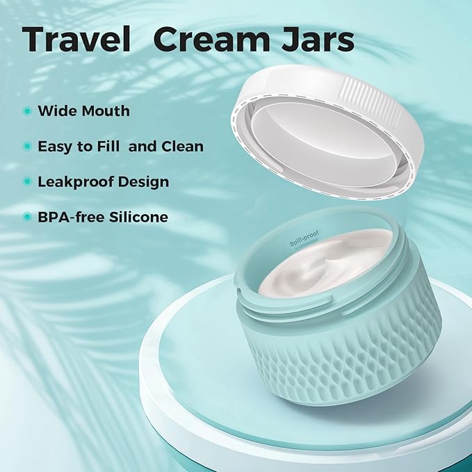 BPA Free Silicone Cream Jars - TSA Approved 2oz Travel Size Containers, Leak-proof with Lid for Cosmetic, Face, Hand, Body Glitters