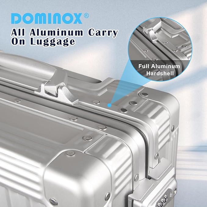 DOMINOX All Aluminum Carry On Luggage Hard Shell Luggage Aluminum Suitcase for Travel Zipperless Luggage Checked Luggage with Silent 360° Spinner Wheels 20 In. (Vertical Grain Style, Sliver)