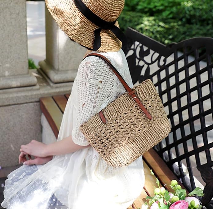 Womens Straw Tote Handbag - Summer Beach Bag with Top Handle - Handwoven Shoulder Bag - 2024
