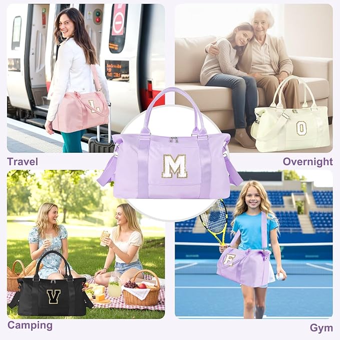 Dance Gym Duffel Bag for Teen Girls, Personalized Initial Travel Weekender Bag,Cute Overnight Carry On Duffle for Women,Sports Travel Cheer Bag,Monogram Christmas Gifts for Tween Preppy(purple-M)