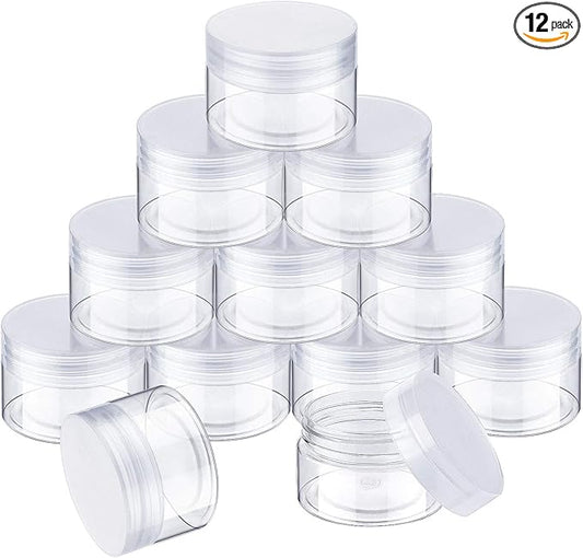 12 Pack 1 oz Plastic Container Jars with Lids Round Clear Travel Cosmetic Container Jars for Toiletries, Lotion, Cream, Ointments, Makeup, Rhinestone, Samples, Kitchen Storage (Clear)