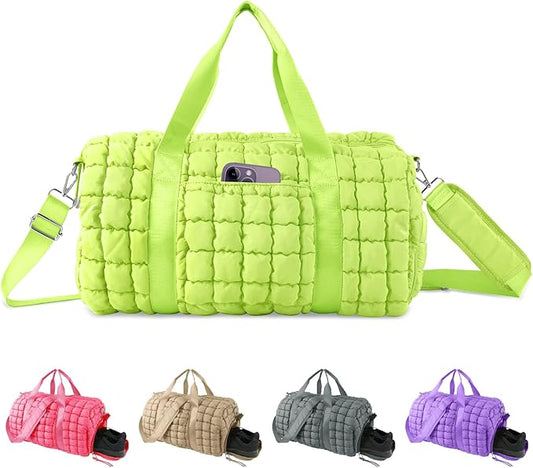Quilted Travel Duffle Bag Gym Bag for Women,Large Puffer Duffle Weekender Bag with Compartment,Workout Overnight Carry on Organizer Bag Duffle Bag for Airplane Travel(L-Green)
