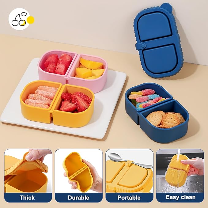 3 Pack Silicone Reusable Snack Containers with Lids - 8 oz Double Compartment Snackle Box for Kids & Adults, BPA-Free & Leakproof, Small for Dressing, Snacks, School, Office, Picnic