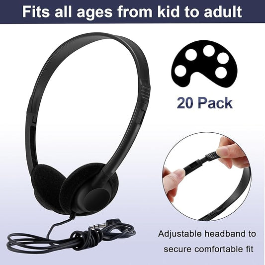 Yunsailing 20 Pack Bulk Headphones Set Over Ear Headphones with Adjustable Headband 3.5mm Plug Headsets Earphones for Learning Program, Computer Lab, Library, Testing & Multimedia Use (Black)