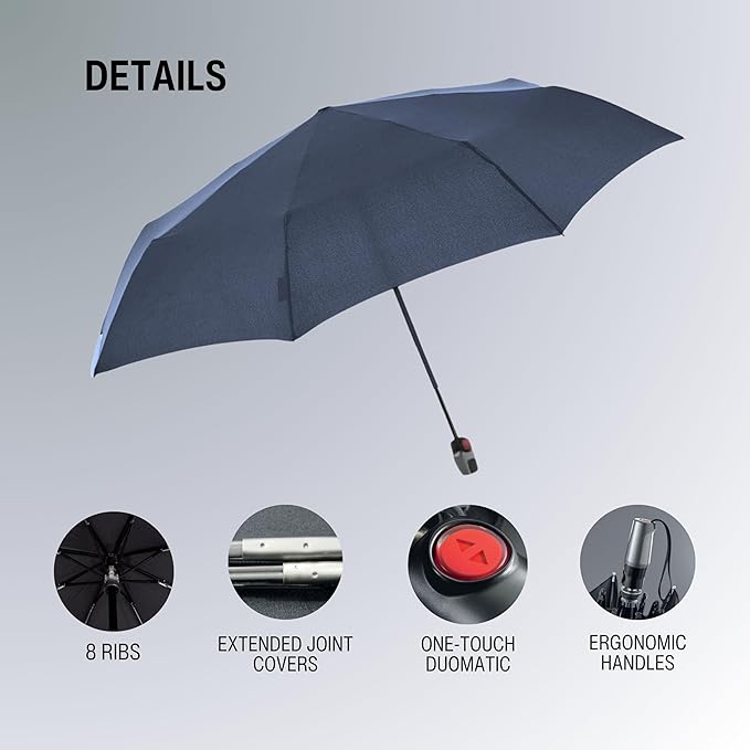 Knirps T.200 Duomatic Compact Rain Umbrella in Navy– Wind Tunnel Tested to 93 mph, Aluminum Steel Fiberglass Frame, 38in Canopy, OEKO-TEX, High-Performance Automatic Travel Umbrellas