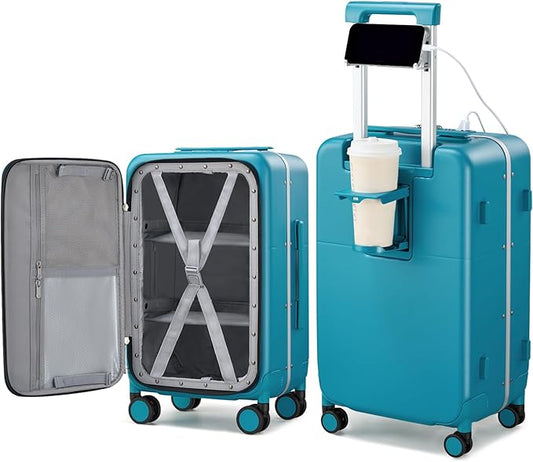 Hanke 28 Inch Luggage with Cup Holder and Charge,Top Opening Hard Shell Suitcases with Wheels and Dividers,Aluminum Frame Trunk Luggage Extra Large Suitcase with Lock for Travel,Caribbean Blue