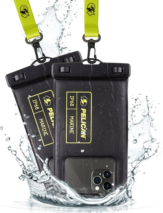 Pelican 2 Pack Marine - IP68 Waterproof Phone Pouch (Regular Size) Floating Waterproof Phone Case - Beach Cruise Ship Travel Essentials - Works w/All Phones - Detachable Lanyard - Black/Hi-Vis Yellow