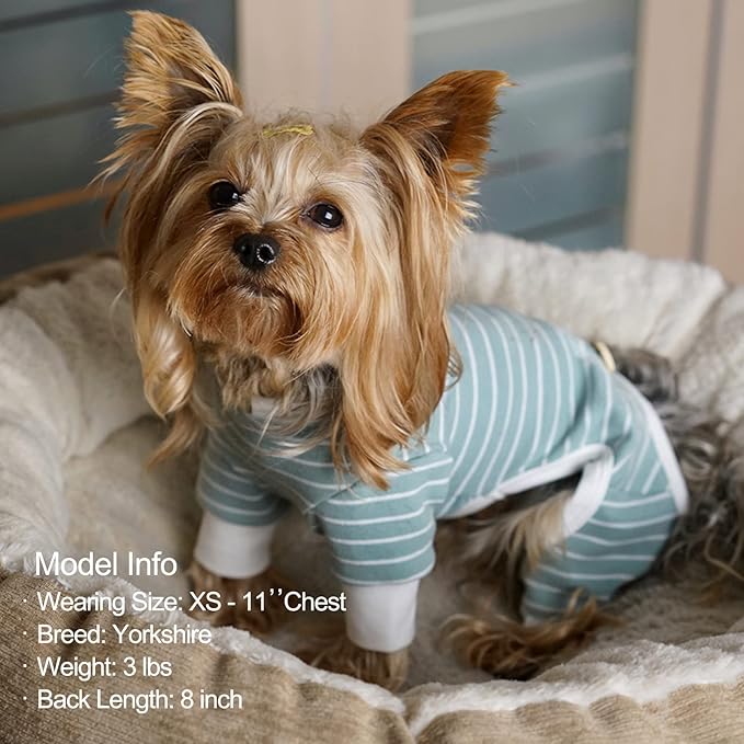 KYEESE Dog Pajamas Stretchable 4 Legs Doggie Jammies Striped Jumpsuit Lightweight Onesie Puppy Pajamas Cozy Outfit Comfortable Dog Clothes Hair Shedding Cover Pet Sleepwear, Green Striped, Medium