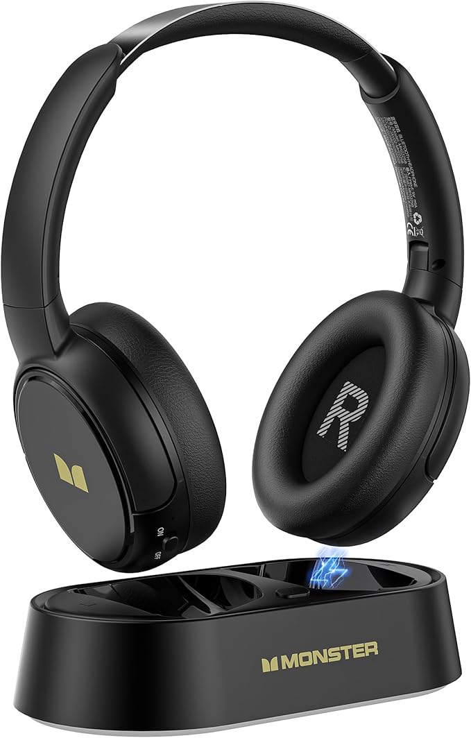 Monster TVlink 300 Wireless Headphones, TV Headphones Wireless for Seniors with Transmitter Charging Base, Over Ear Headphones with Bluetooth 5.3, 45H Playtime, No Audio Delay, Comfortable Fit