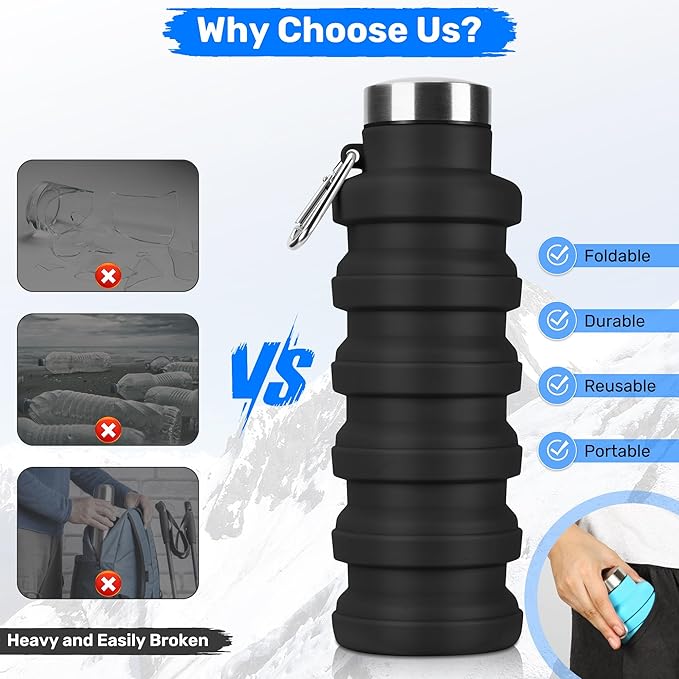 Collapsible Water Bottle, 16oz Portable Reusable Silicone Water Bottle, BPA-Free Leak-Proof Foldable Design with Carabiner, Lightweight Durable for Gym, Travel, Camping, Hiking, Sports-Blue