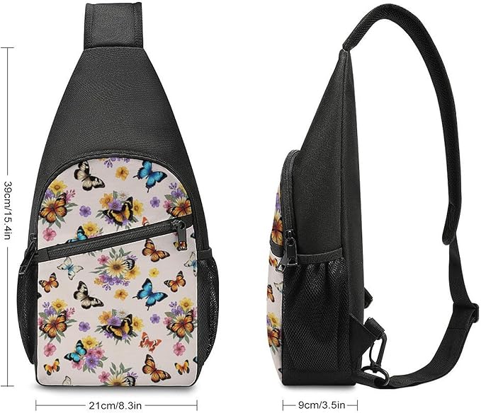 SWEET TANG Fashion Sling Backpack, Sling Shoulder Bag, Outdoor Chest Crossbody Bike Gym Runner Daypack with Adjustable Strap for Men Women, Beautiful Butterfly Vintage Botanical Butterflies