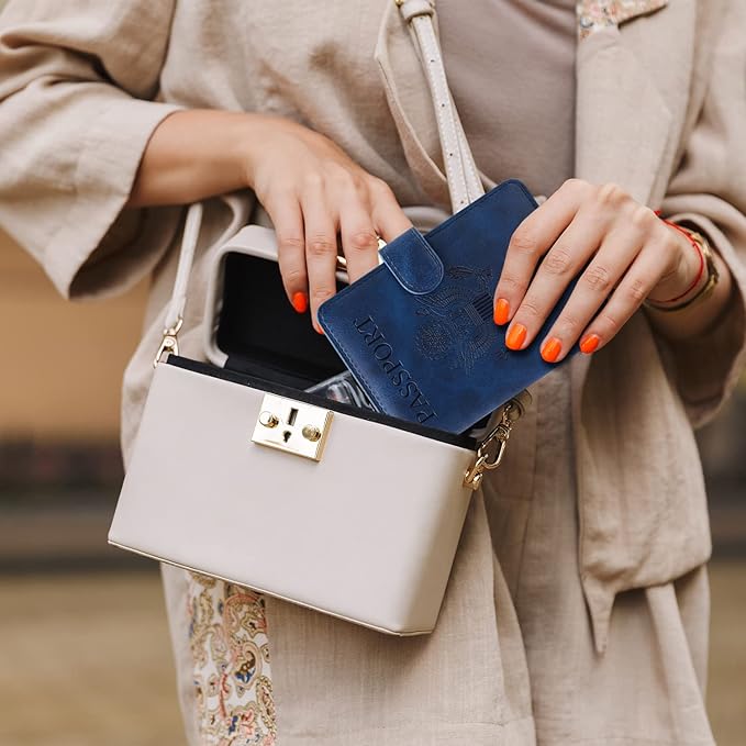 RSAquar Passport Holder for Women and Men, Premium PU Leather Travel Passport Wallet RFID Blocking Passport Cover Travel Documents Organizer with Pen Holder, Blue#2