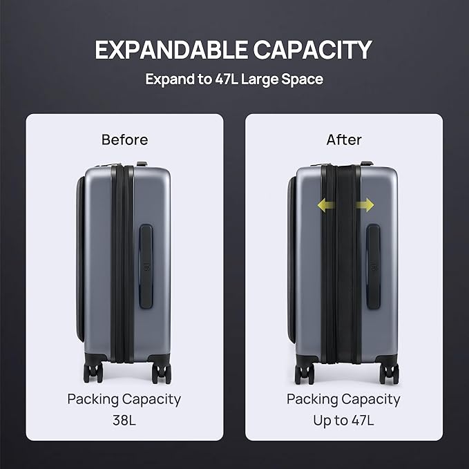 NINETYGO Carry on Luggage 22X14X9 Airline Approved with Front Pocket, 20 Inch Luggage with Front Compartment, Expandable, Double Spinner Wheels, Hardsided PC, TSA Lock (Cool Grey, Seine Max)