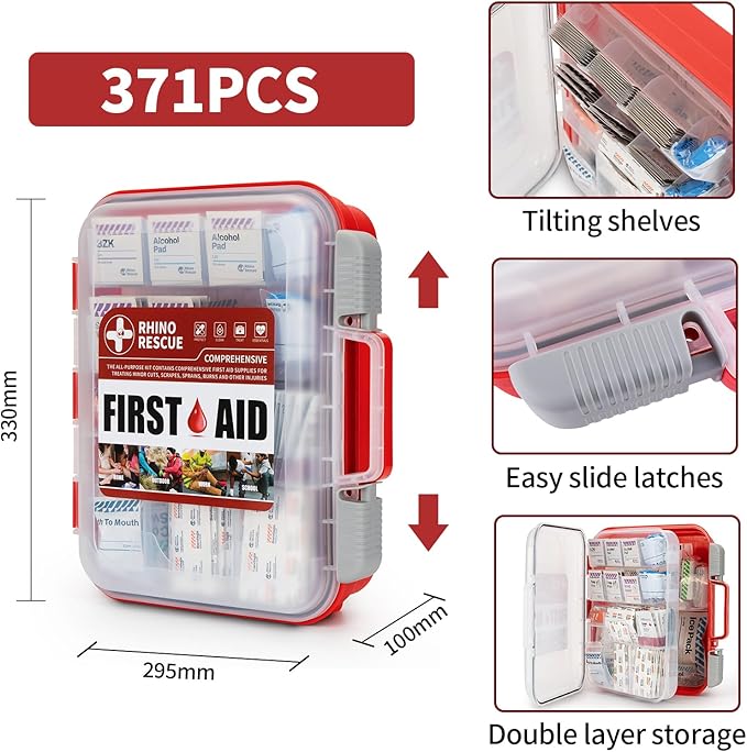 RHINO RESCUE 371 Pieces OSHA All-Purpose First Aid Kit, Home & Office Professional Medical Supplies, Ideal for Emergency, School, Business
