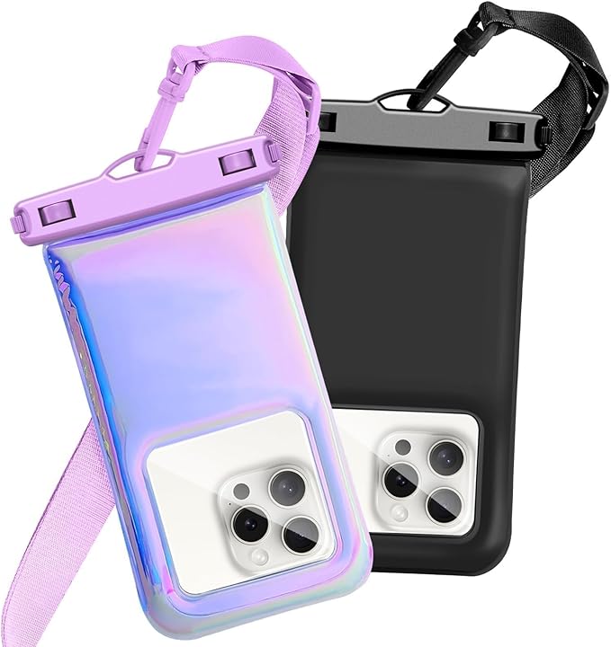 Floatable Waterproof Phone Pouch Case 2 Pax for iPhone 17 16 Pro Max/15/14/13/12,IP68 Travel Cellphone Dry Bag Beach Cruise Ship Essentials Bags with Crossbody Lanyard, Iridescent Purple and Black-7″