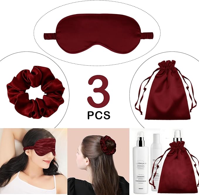 3Pcs Satin Eye Mask Silk Sleep Masks Set Silky Blindfold Eyeshade Blackout Eyes Cover Pouches Bag Scrunchy Wedding Gift