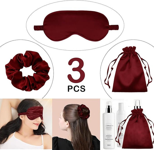 3Pcs Satin Eye Mask Silk Sleep Masks Set Silky Blindfold Eyeshade Blackout Eyes Cover Pouches Bag Scrunchy Wedding Gift