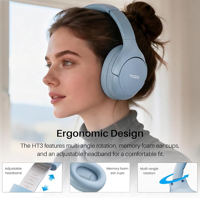 TOZO HT3 Hybrid Noise Cancelling Headphones, 90H Playtime Wireless Over Ear Bluetooth Headset, Spatial Audio AI Chat with 5 Mics, Supports Dual Connection and USB-C Input, with 32 EQ Music Modes