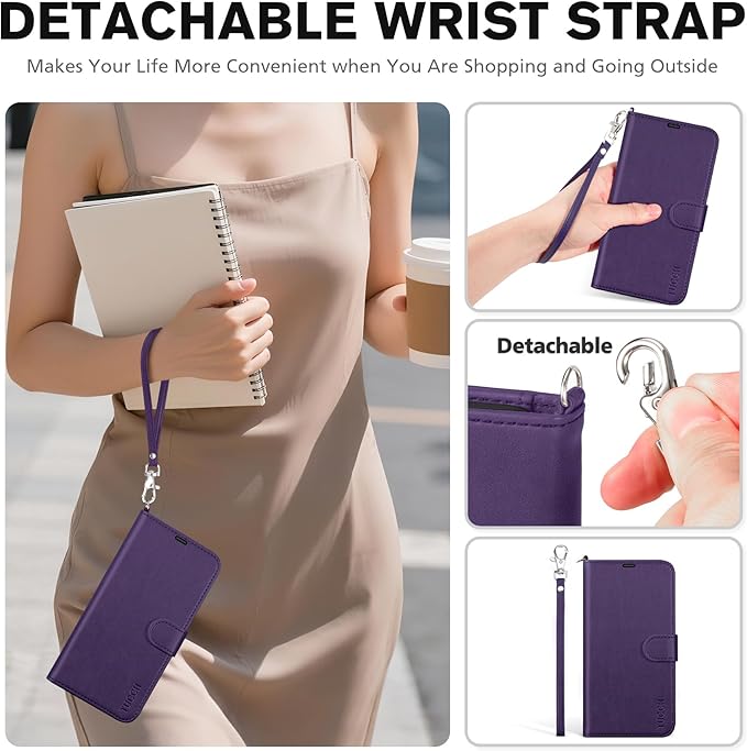 TUCCH Case Wallet for iPhone 17 Pro (6.3") 2025, Wrist Strap, Stand, RFID Blocking, 4 Card Holder, TPU Shockproof Shell, PU Leather, Magnetic Closure Folio Protective Cover, Deep Purple