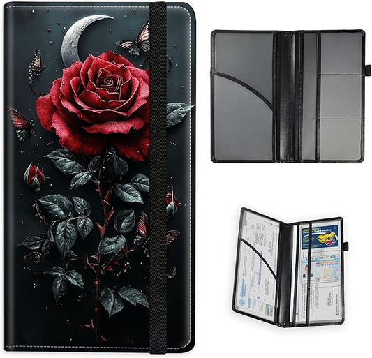 Car Registration and Insurance Holder PU Leather Vehicle Insurance and Registration Holders Wallet Case with Elastic Band Closure for ID Card, Driving Licence, Red Rose Moon Butterflies