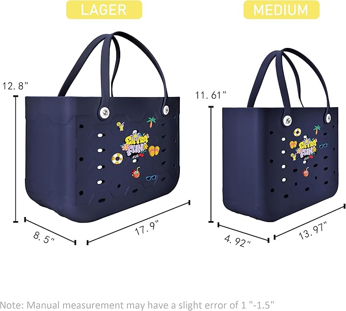 2-Piece Tote Bag Set, Waterproof Rubber Beach Bag with Summer Pattern, Medium & Large Handbag for Pool, Beach, Boat