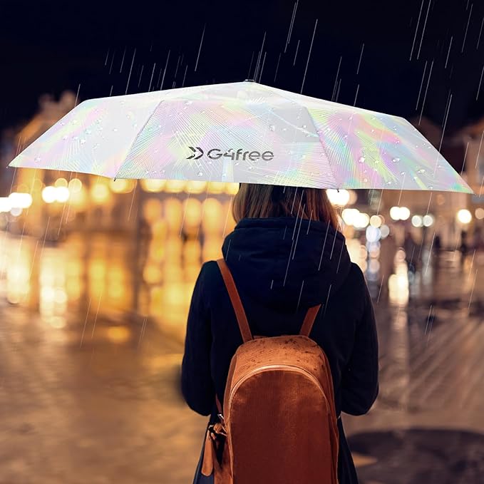 G4Free 46 Inch Reflective Travel Umbrella for Rain Large Windproof Auto Open Close Folding Compact Umbrellas, Strong Fiberglass Frame for Men Women