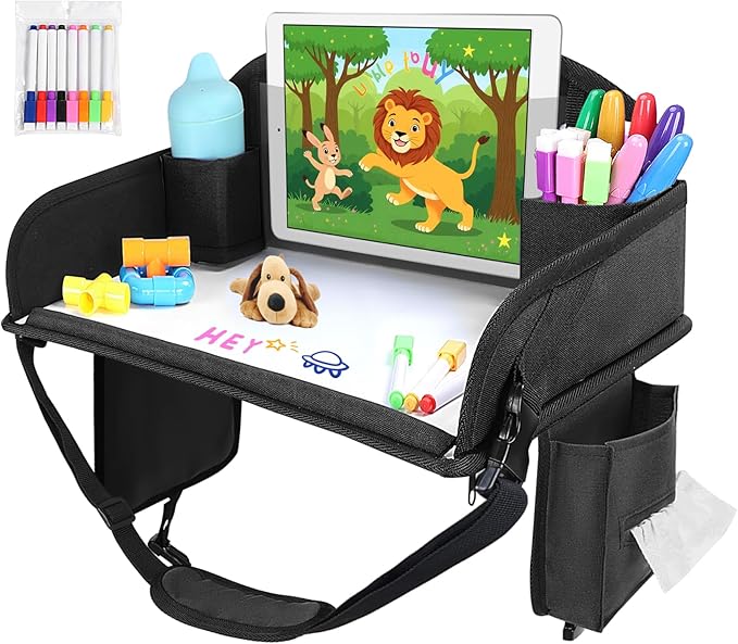 WENRENER Kids Travel Tray for Car Seat, Toddler Road Trip Essentials With Drawing Kit, Travel Activities Must Haves (Black)