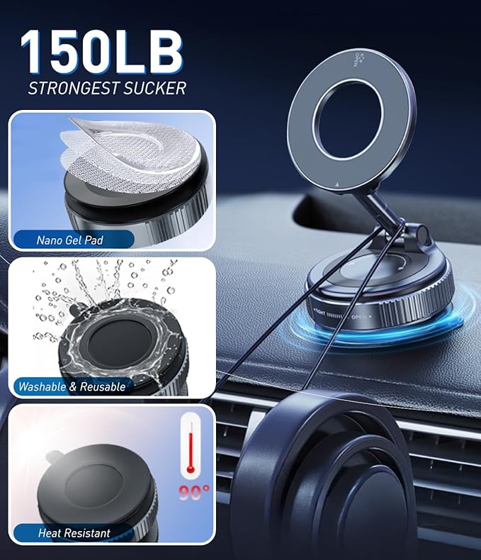 Phone Holders for Your car - 360° Adjustable Car Phone Holder for Magsafe Vacuum Suction Phone Mount with Washable Gel for iPhone 17 16 15 14 13 12