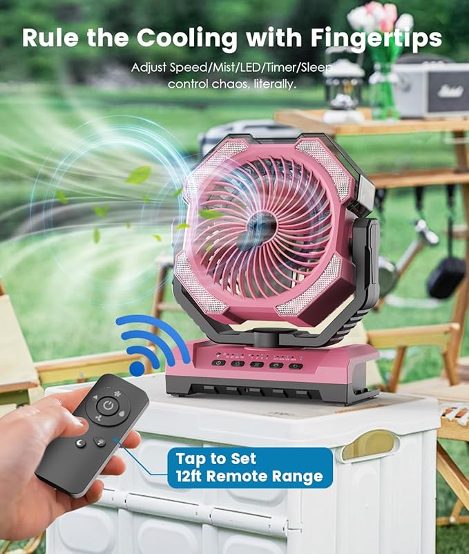 Misting Fan - Pink Portable Rechargeable Fan with 9oz Water Tank, Light, Hook - Versatile, 120H MAX Cooling, Last 5H Mist, 4 Speed, Sleep Mode - Outdoor Fans for Camping, Travel, Patios