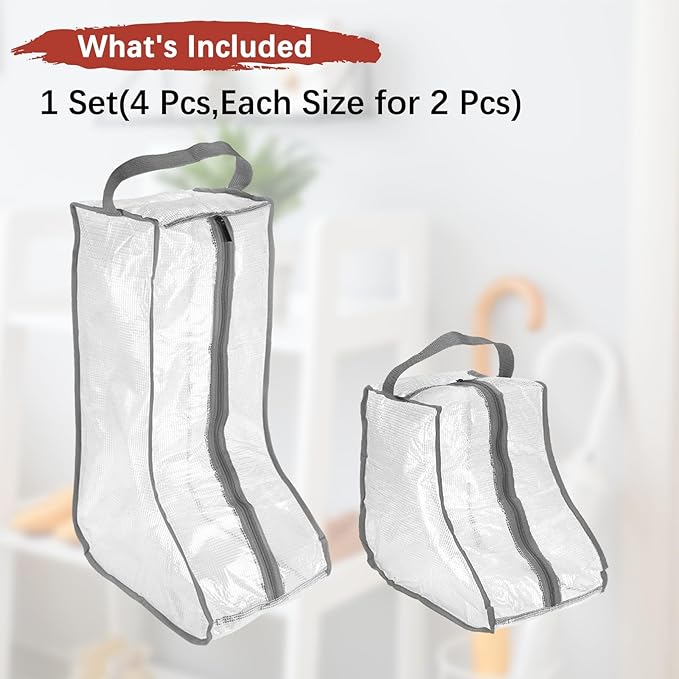 Boot Storage Bags [4PCS] - Plastic Tall Short Boot Carry Bags Clear Shoe Bags with Handle for Travel & Daily Use - [Gray] Waterproof & DustProof Boot Bags for Cowboy Boots
