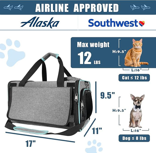 Cat Carrier Alaska Airline TSA Approved 17x11x9.5 Soft-Sided Small Pet Air Travel Carry Bag, Southwest Airplane Kitten 12lbs Crate in Cabin Under-Seat Traveling Cage Tiny Dog Under 8 Pound
