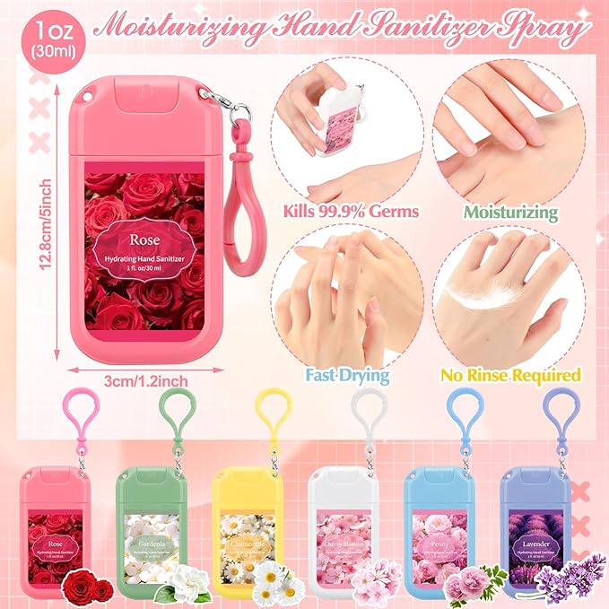 6 Pack Mini Hand Sanitizer Spray with Keychain Travel Size Scented Hydrating Hand Sanitizer Mist Portable Pocket Spray Bottle for Women Spring Gift
