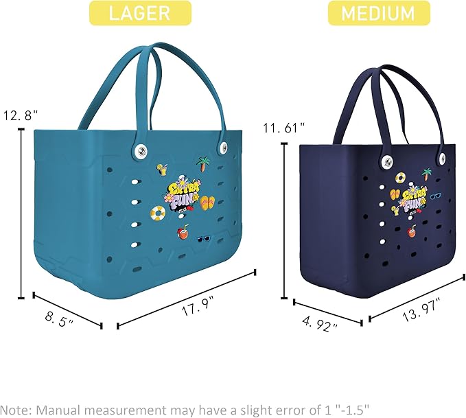 2-Piece Tote Bag Set, Waterproof Rubber Beach Bag with Summer Pattern, Medium & Large Handbag for Pool, Beach, Boat