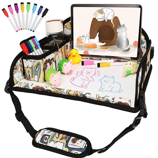 Kids Travel Tray for Airplane - Toddler Car Seat Table Tray, Road Trip Essentials for Boys & Girls, Carseat Lap Desk for Kids Road Trip Activities, Cute Kitten