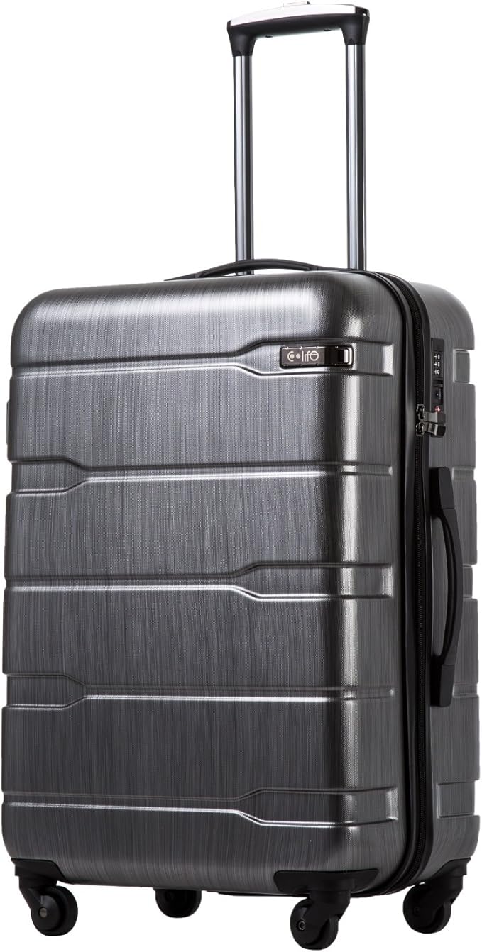 Coolife Luggage PC+ABS Hardshell Suitcase with TSA Lock, Spinner Checked Lightweight (Charcoal, 24in)
