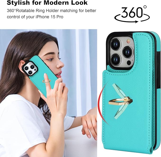 Folosu Compatible with iPhone 15 Pro Case Wallet with Card Holder, 360°Rotation Finger Ring Holder Kickstand, RFID Blocking Leather Protective Double Buttons Shockproof Cover 6.1 Inch Green