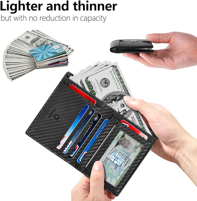 GSOIAX Wallet for Men Slim RFID Blocking Front Pocket Bifold Wallet Leather Money Clip 10-12 Cards Mens Wallet with ID Window Thin Minimalist Credit Card Holder Birthday Gifts for Men Carbon-Black