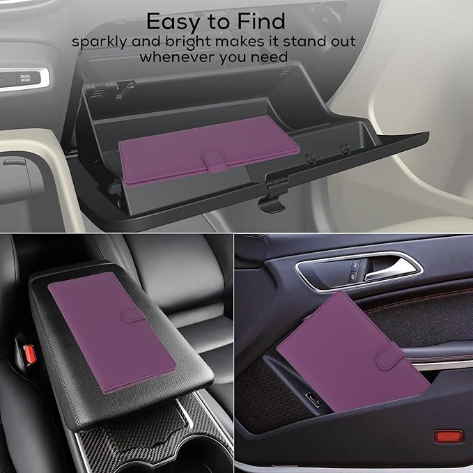 Car Registration and Insurance Holder, Leather Magnetic Shut Vehicle Glove Box Organizer for Document, Card, Driver License, Purple