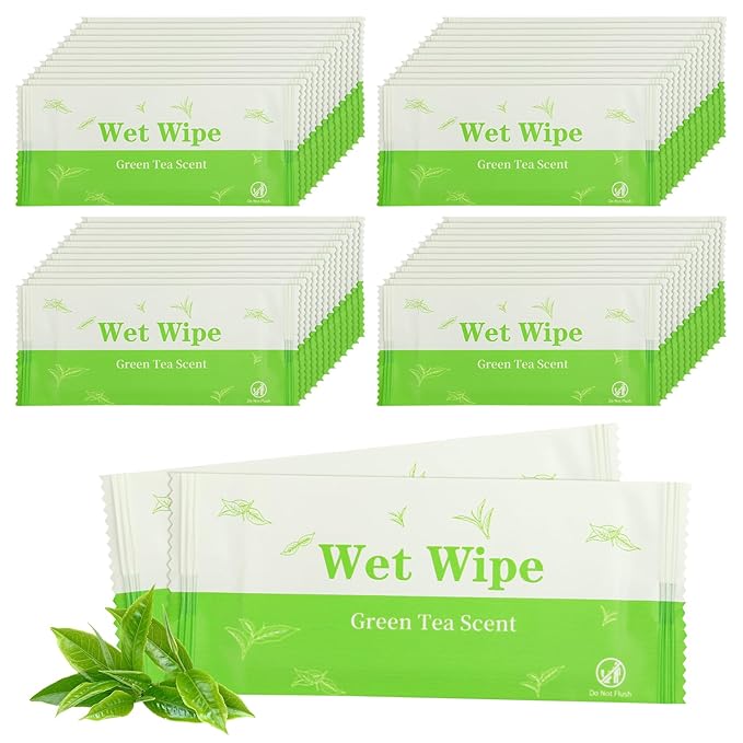 Individual Hand Wipes, 100 PCS Wet Wipes Individually Wrapped, Wet Napkins Travel Size for Wedding, Barbecue, Restaurant, Green Tea Scent