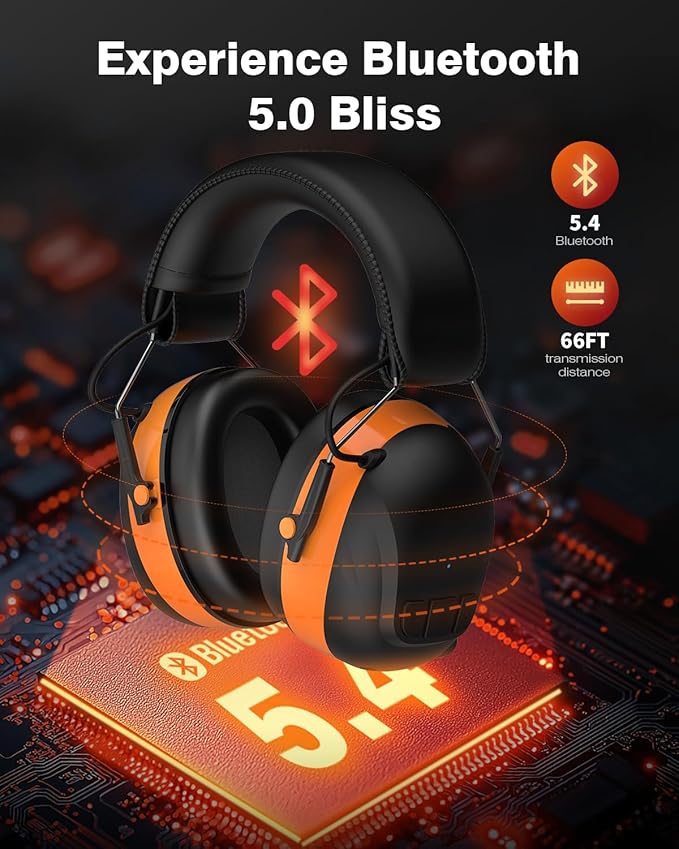 Bluetooth 5.4 Hearing Protection Headphones with 120H Working Time, 30dB SNR, Superior Stereo Sound Quality, Larger Buttons for Easy Operation, Safety Ear Muffs for Lawn Mowing, Workshops