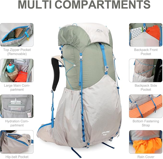 IX INOXTO 55L Internal Frame Waterproof Hiking Camping Backpack with 3L Water Bladder and Rain Cover, Large Lightweight Travel Daypack Rucksack for Climbing (Light Gray)