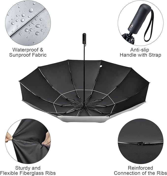 G4Free 46 Inch Inverted Small Travel Umbrella Compact, Reverse UPF 50+ UV Protection Umbrella 10 Ribs Windproof for Rain Double Canopy with Vent Automatic Open Close