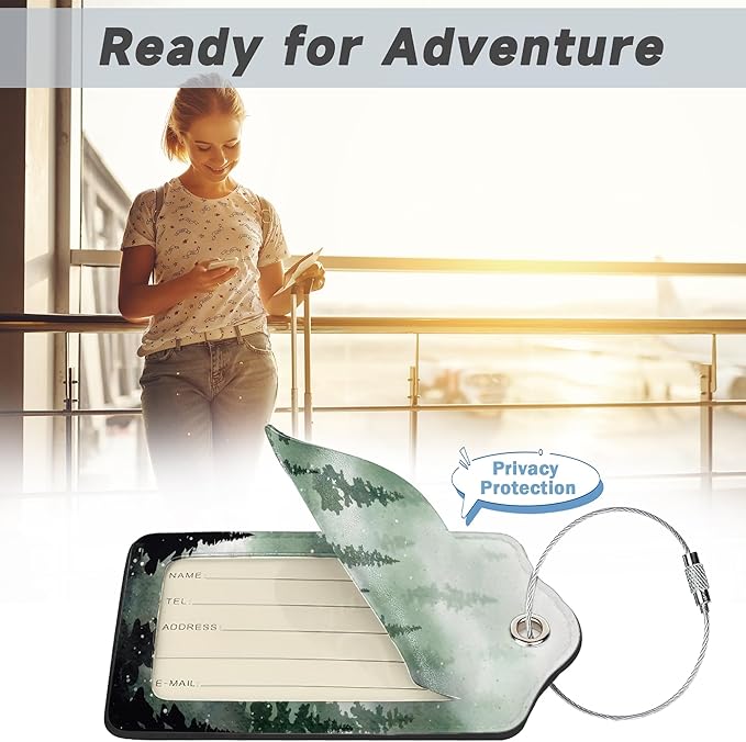 2 Pack Leather Luggage Tag for Suitcase Mysterious Forest Unique Travel Tags with Privacy Cover ID Label & Stainless Steel Loop for Men and Women Baggage