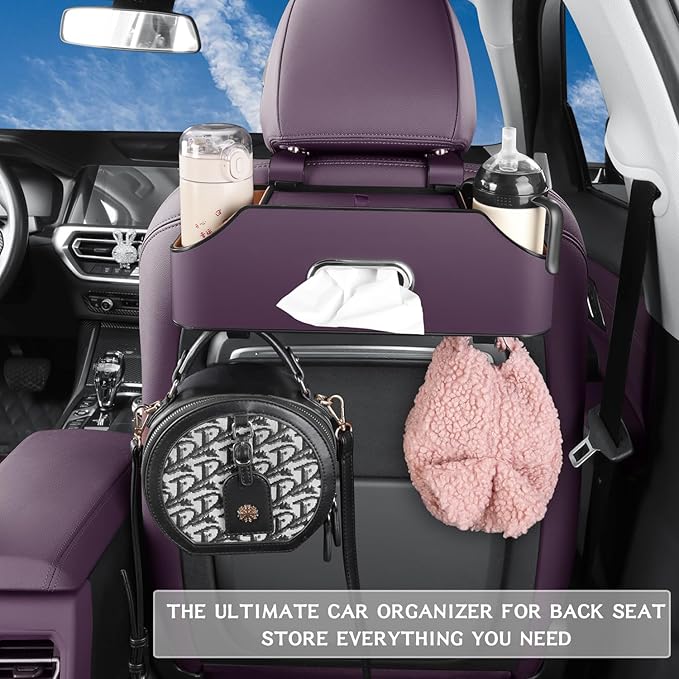 HOLDCY Car Back Seat Organizer with 2 Drink Cup Holder - Tissue Box and Storage Box Hook - Multi-functional Storage - Great for Kids and Travel (Purple)