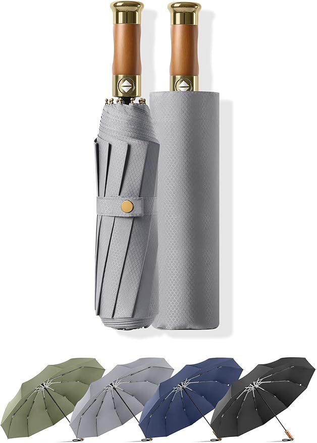 Rain Cats Large Umbrella 45 Inch diameter Umbrellas for rain Strong10 Ribs Fiberglass Windproof big Compact Automatic portable Folding Travel/Thick Fabric/Wood handle