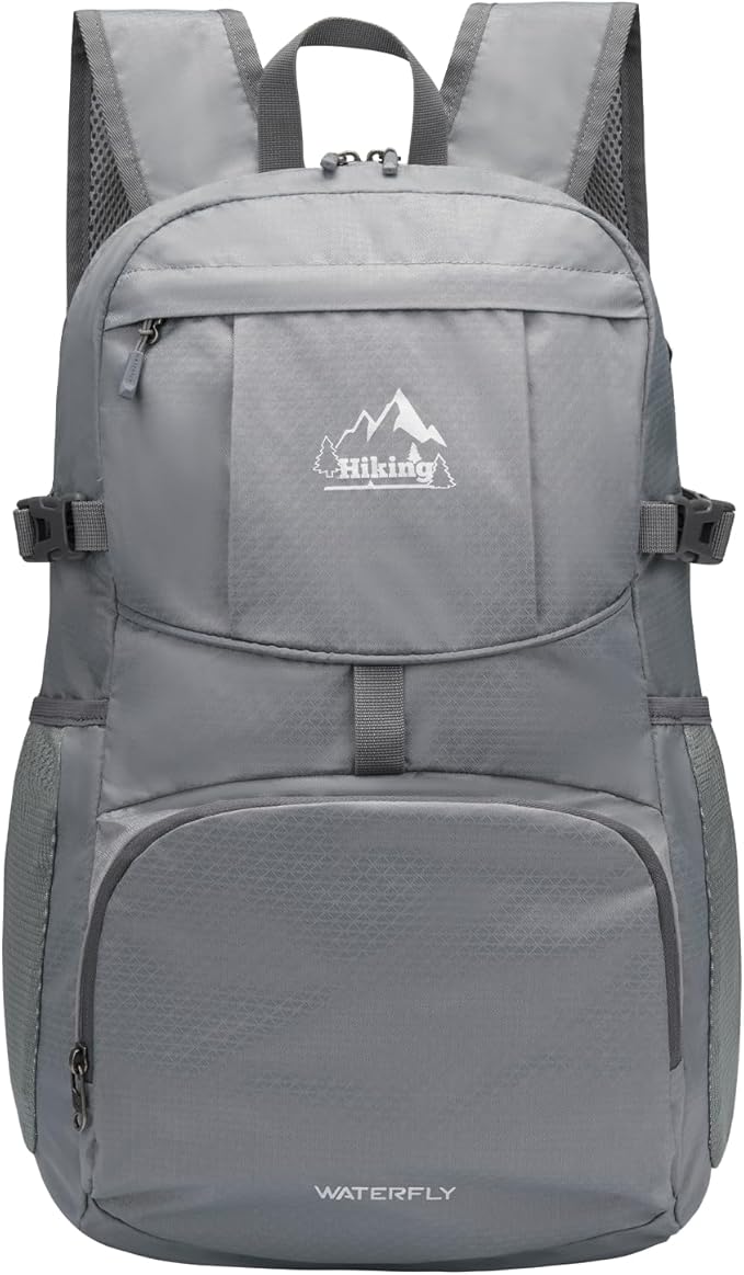 WATERFLY Hiking Packable Daypack Backpack: 35L Ultra Lightweight Day Pack for Woman Man - Large Compact Folding Back Pack for Outdoor Sport Cycling Camping Travel Trip - Gray