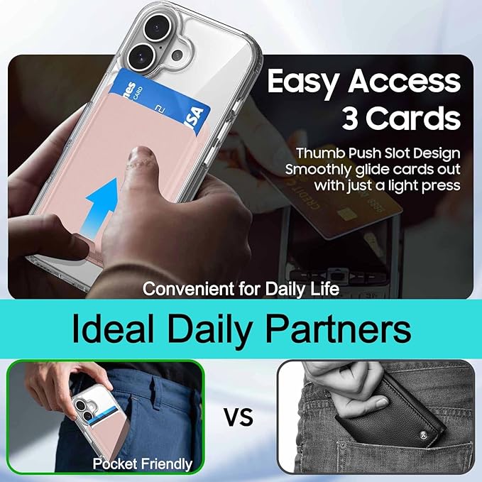 Ntwinro Magnetic for iPhone 16 Clear Case (Compatible with MagSafe) with Pink Detachable Wallet & Card Holder for 3 Cards [RFID Blocking] Military Grade Protective Slim Phone Cover