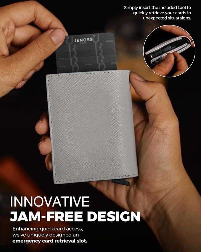 Jenoss Smart Wallet For Men & Women: Full Grain Leather, Handcrafted, Slide Metal Pop Up Case, Slim RFID Blocking Credit Card Holder Minimalist Compact 12 Cards Slot Organizers ID Clip (Grey & Black)