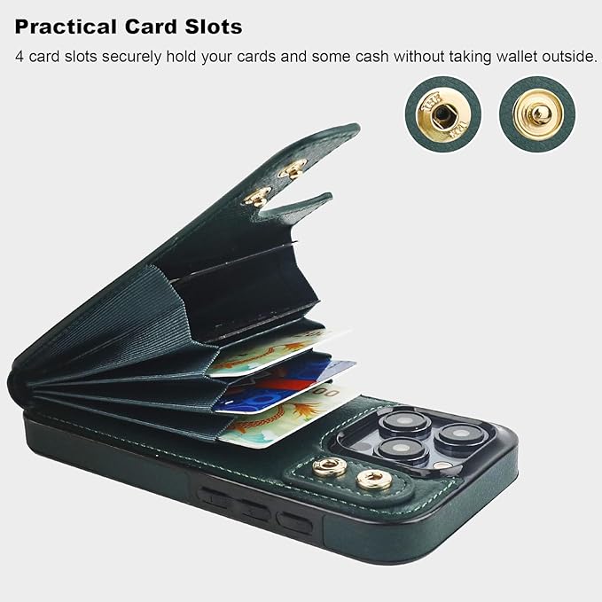 Folosu Compatible with iPhone 15 Pro Case Wallet with Card Holder, 360°Rotation Finger Ring Holder Kickstand, RFID Blocking Leather Protective Double Buttons Shockproof Cover 6.1 Inch Dark Green