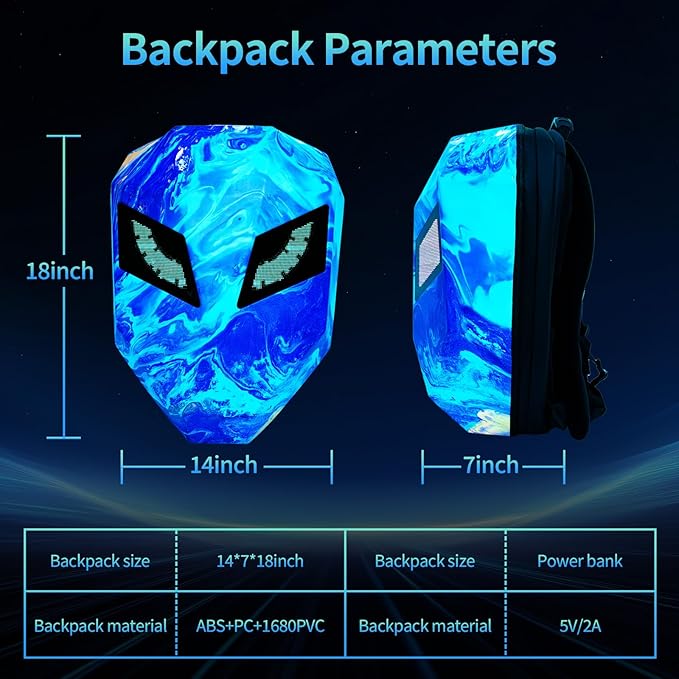 Motorcycle Backpack with LED Eyes, DIY Laptop Backpack for Riding, Cycling, Travel, Waterproof Hard Case Motorbike Bag, Large Size 19" SBlue